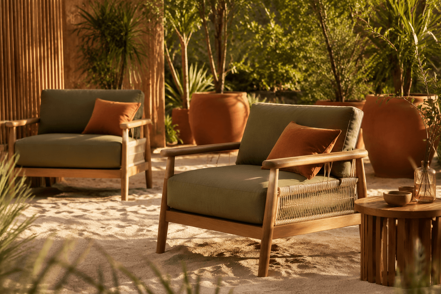 A sunlit outdoor lounge setting with cushioned chairs, plants, and warm natural textures