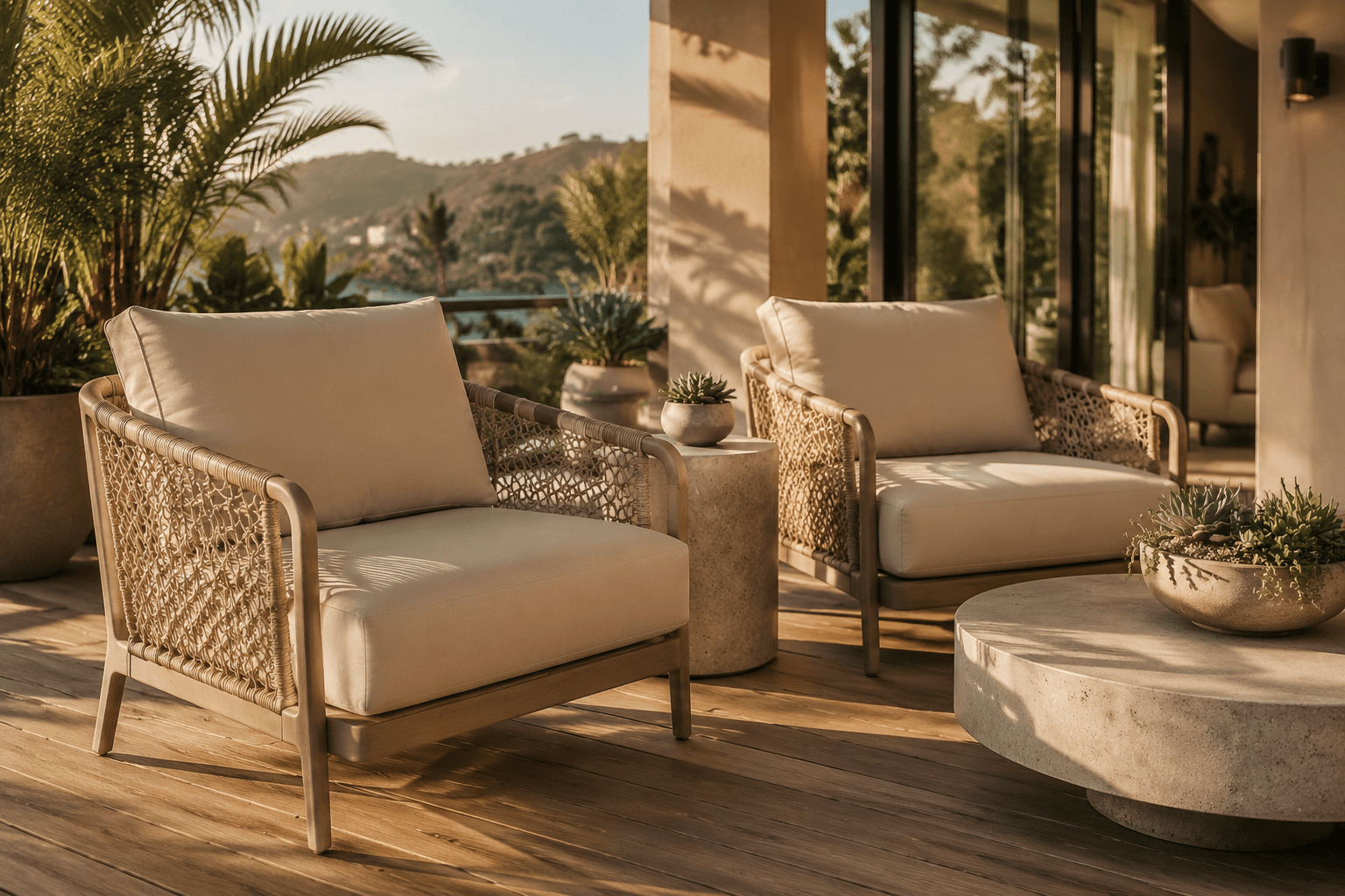 A sunlit terrace with deep-seat patio chairs dressed in sand-colored Iputword outdoor cushions