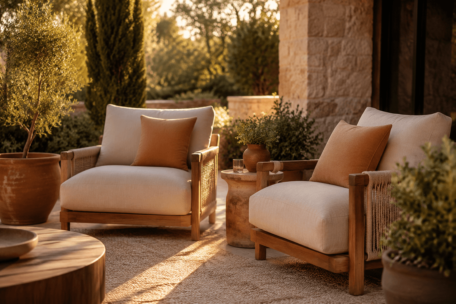 A relaxed patio at golden hour with cushioned deep-seat chairs and potted plants