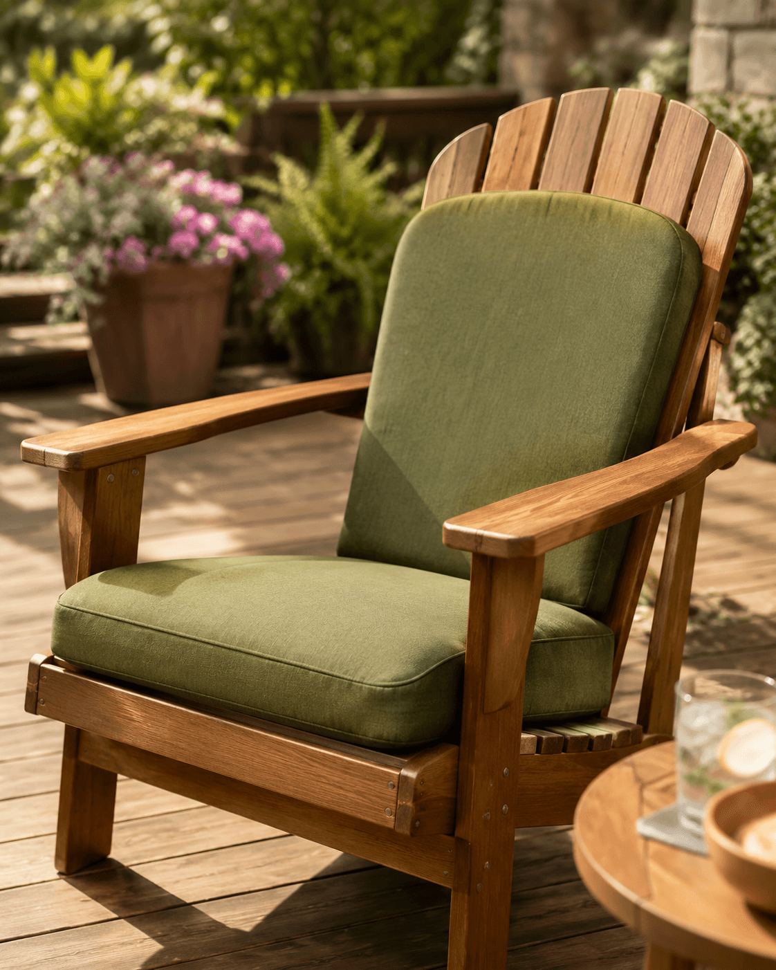Olive cushion set on a wooden Adirondack chair on a deck in the sun