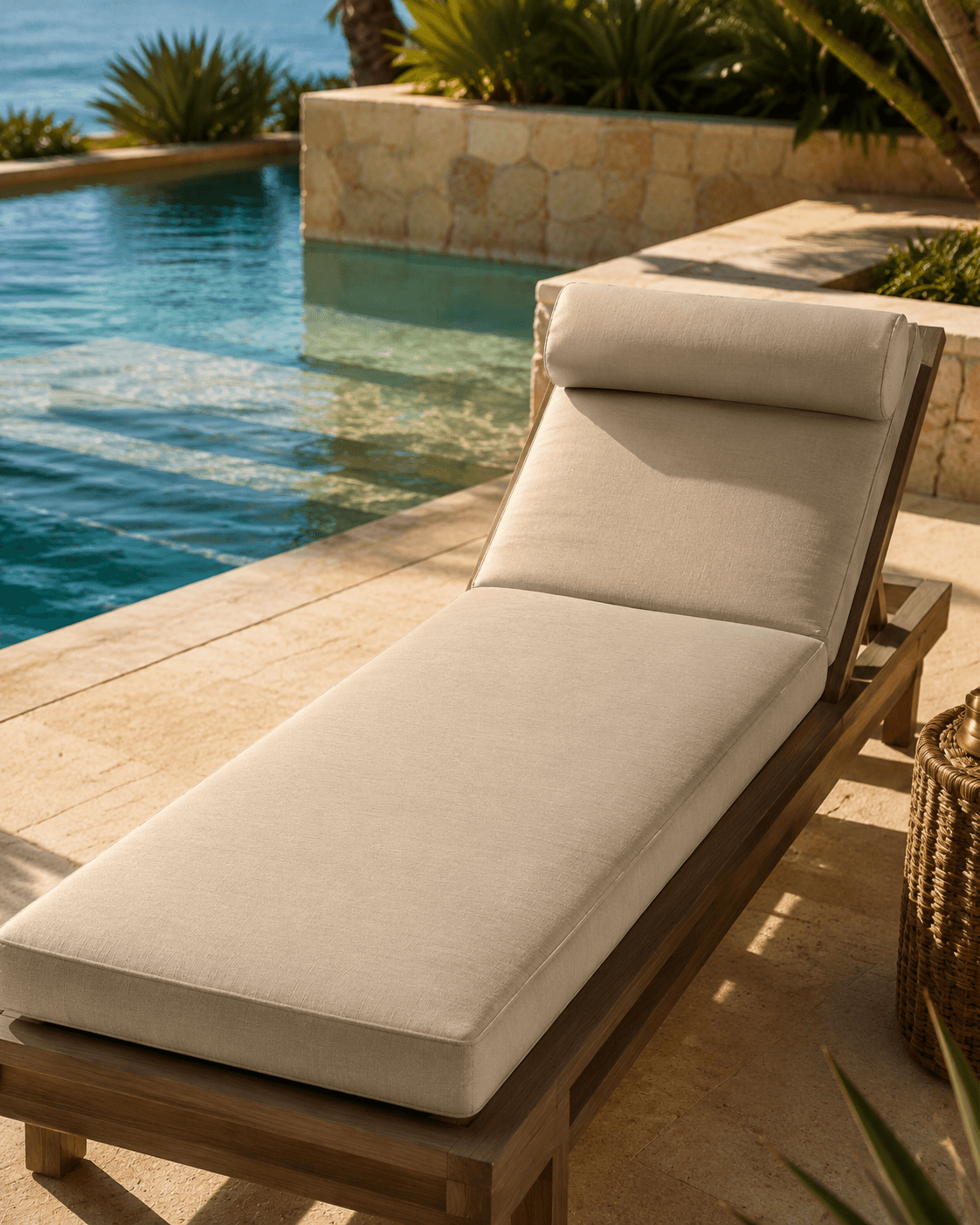 Sand chaise lounge cushion on a sun lounger beside a pool