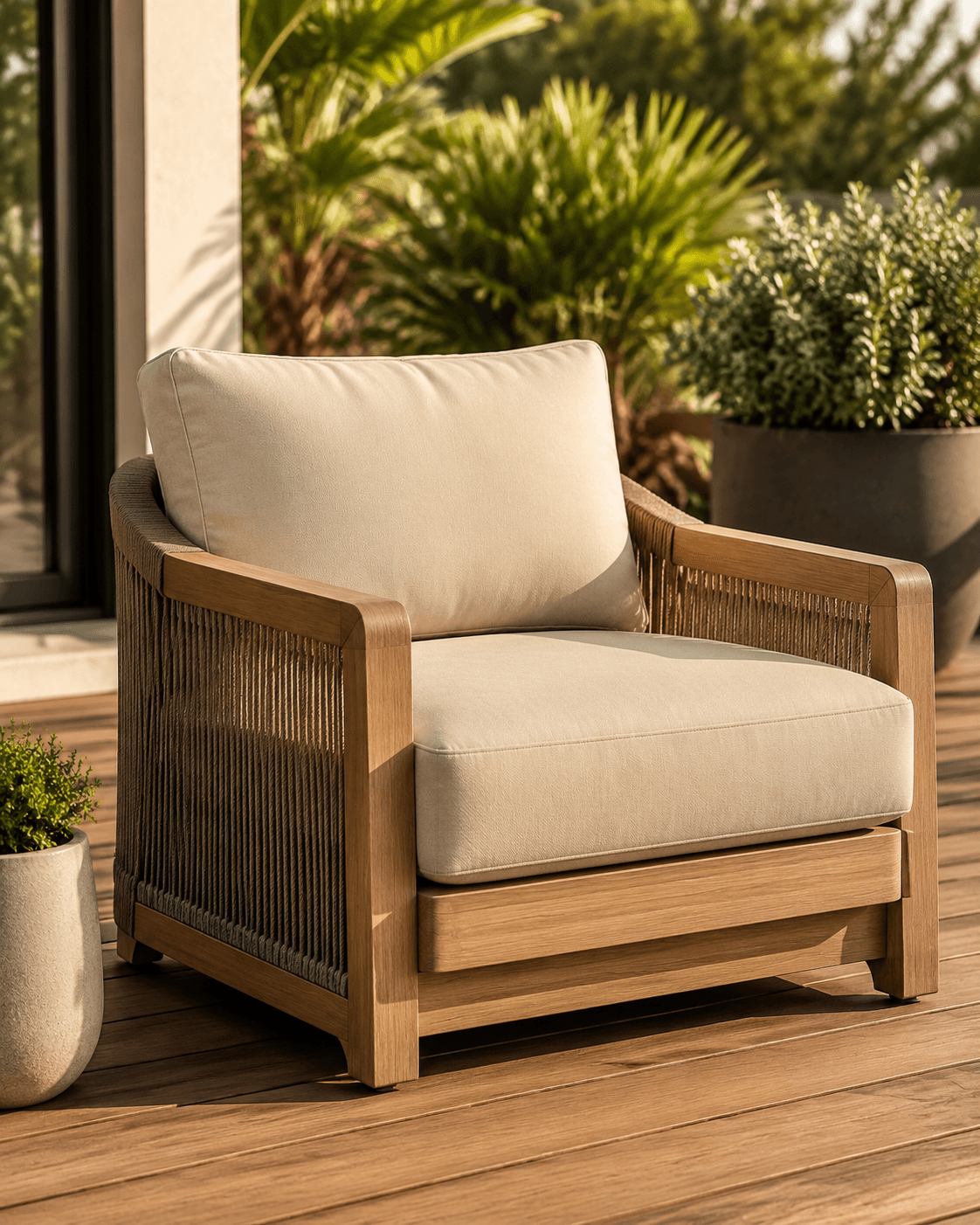Sand deep-seat patio cushion set on a wooden lounge chair in the sun