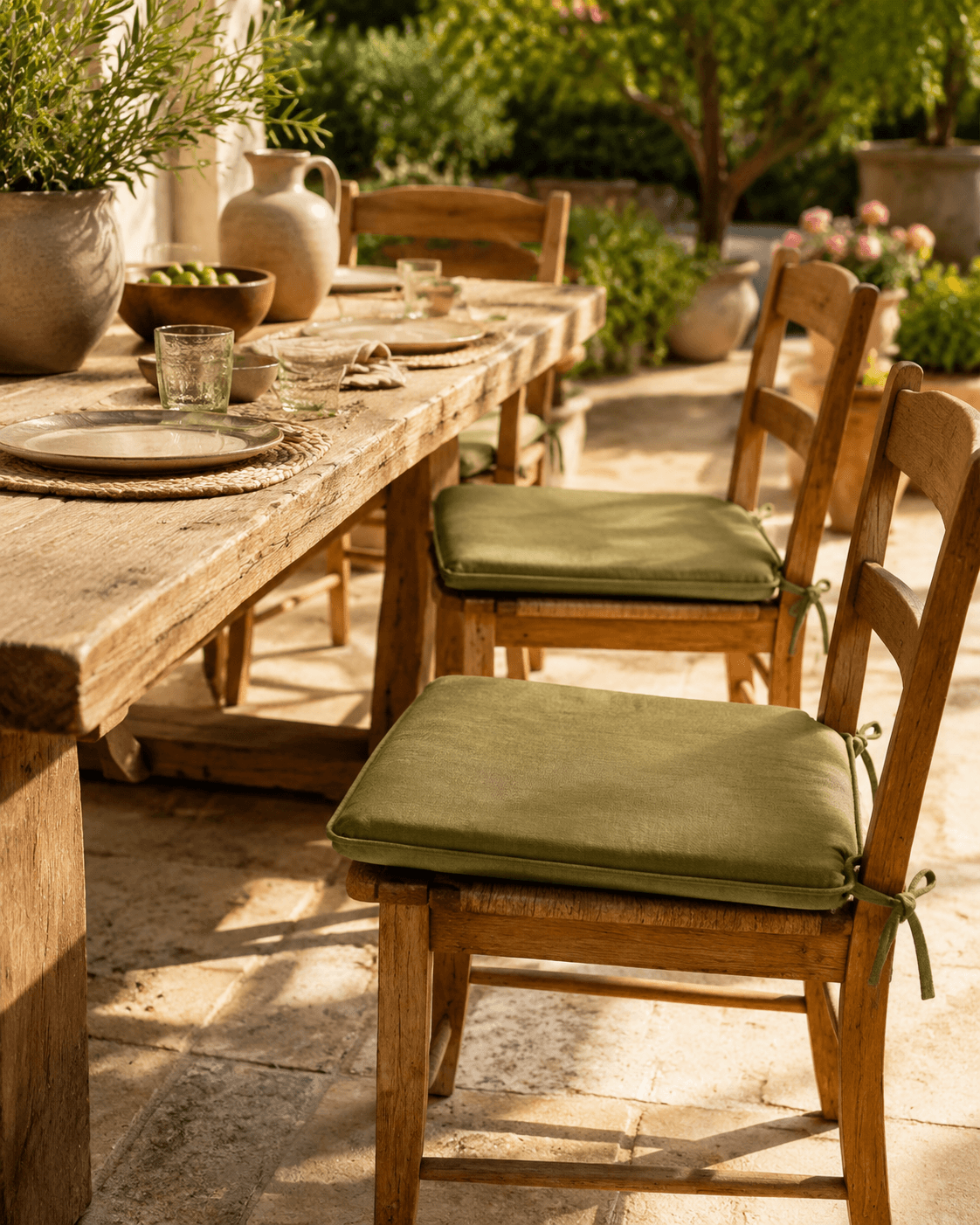 Set of four olive tie-on seat pads on outdoor dining chairs around a garden table