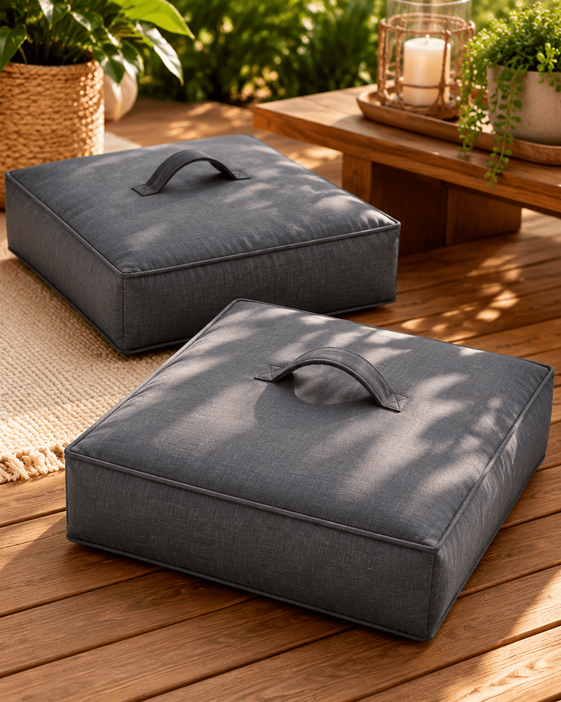 Two slate square floor cushions with carry handles on a wooden deck
