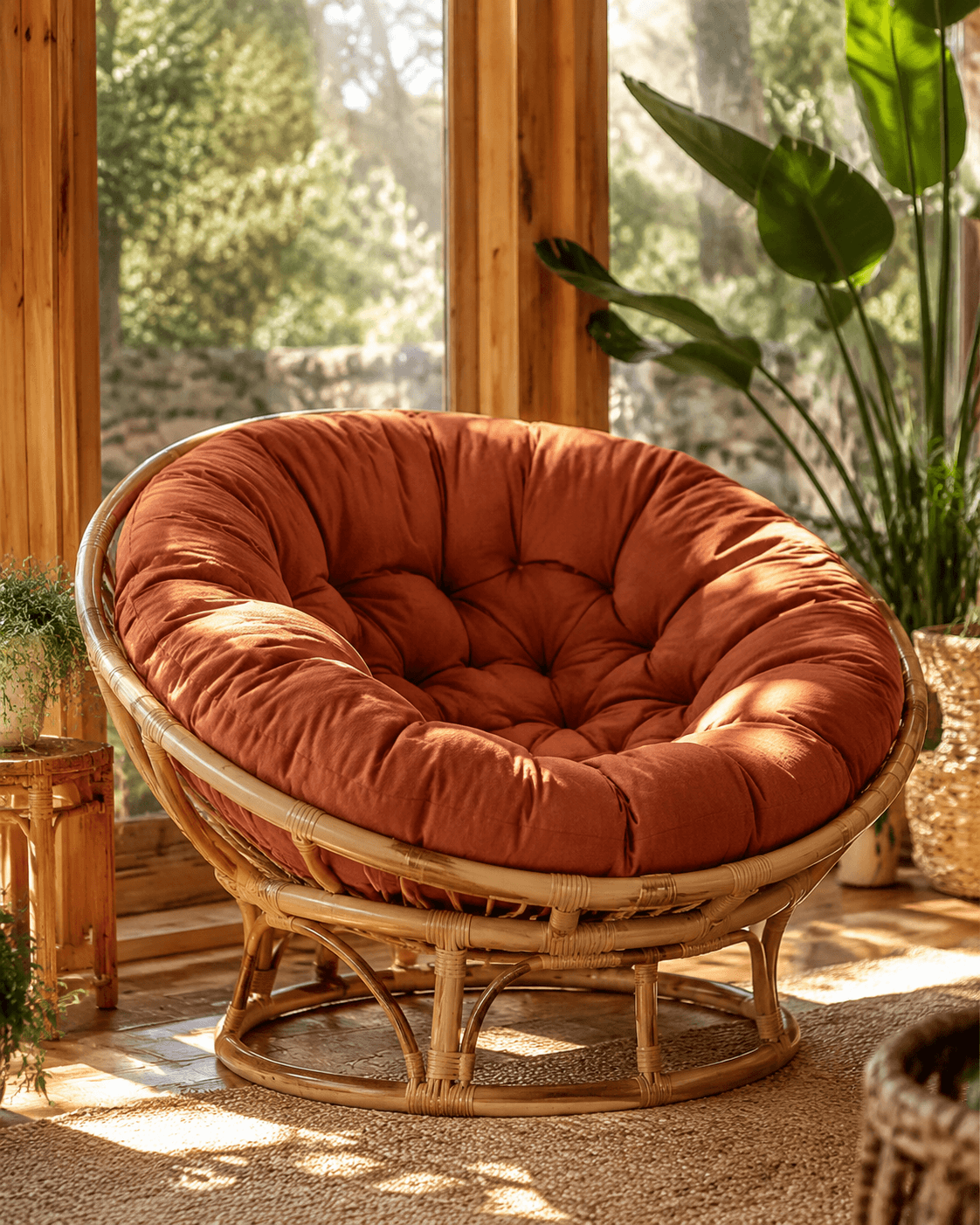 Terracotta papasan round cushion in a rattan moon chair on a sunroom patio