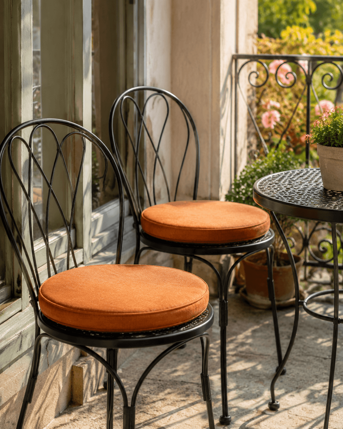 Two terracotta round cushions on metal bistro chairs by a sunlit window